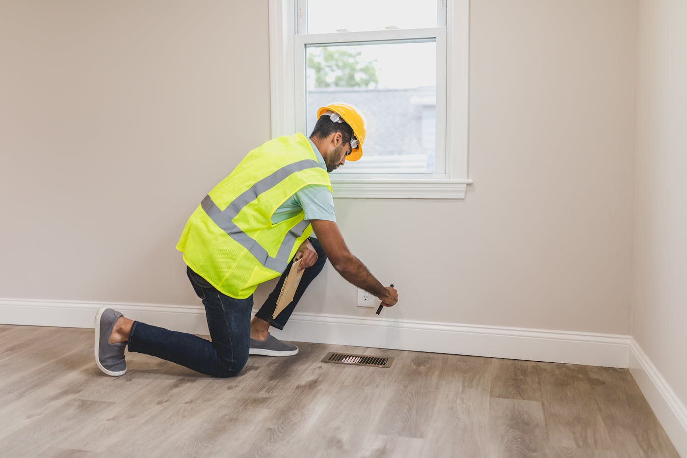 Technician checking interior moisture near a wall during a mold inspection